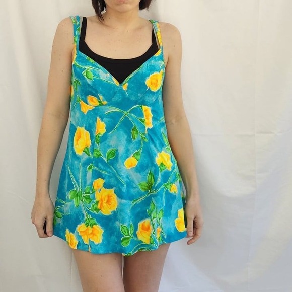 90s‎ Deadstock Blue Skirted Swimsuit - Picture 1 of 4